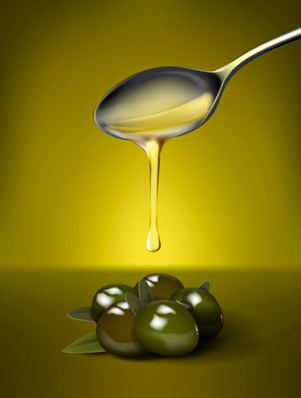 Olive oil falling from spoon, nutritional elements and olives. Design of olive oil, natural cosmetics and health products.のイラスト素材
