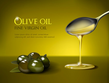 Olive oil falling from spoon, nutritional elements and olives. Design of olive oil, natural cosmetics and health products.のイラスト素材