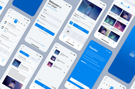 Smartphone UI app. Phone screens for shop applications. Mobile interface with account login and shopping cart. Screenshots responsive website mockups.のイラスト素材