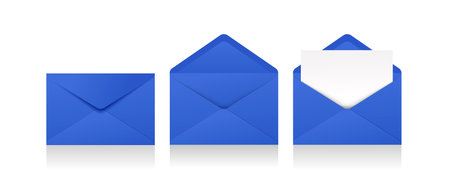 Set of realistic blue envelopes in different positions. Folded and unfolded envelope backpackのイラスト素材