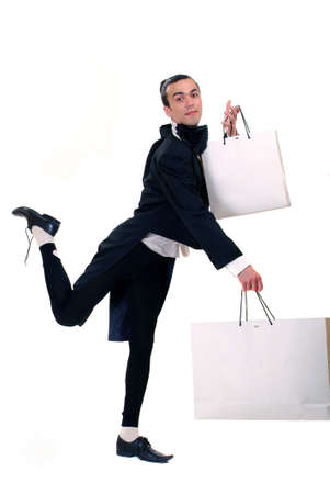 Comically looking man with a bag on a white backgroundの写真素材