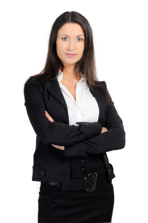 Positive business woman smiling over white backgroundの写真素材