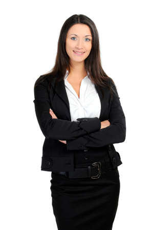 Positive business woman smiling over white backgroundの写真素材