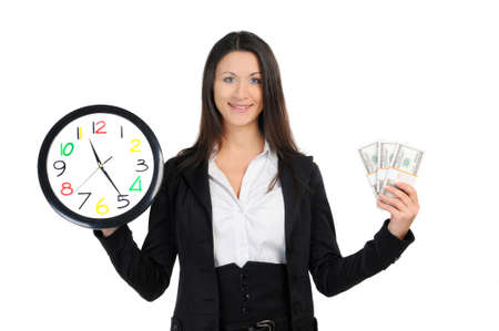 portrait of business woman with clock and money in hand on whiteの写真素材