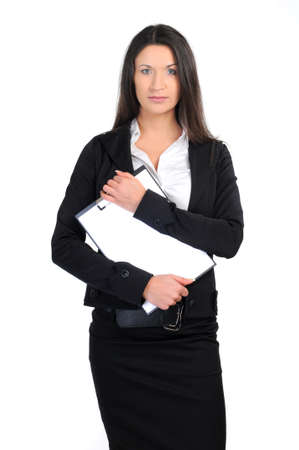 portrait of business woman with documents on whiteの写真素材