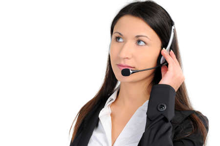 Woman operator with headset on white backgroundの写真素材