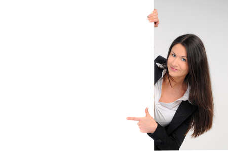 business woman with blank board on whiteの写真素材