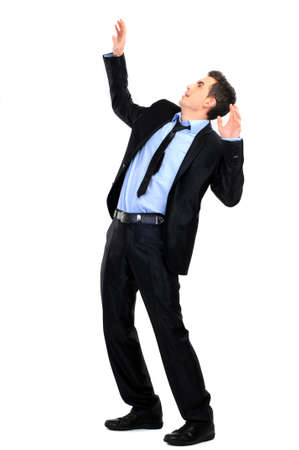 businessman defending himself isolated on white backgroundの写真素材