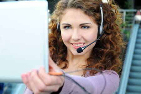 young girl having a video conferenceの写真素材