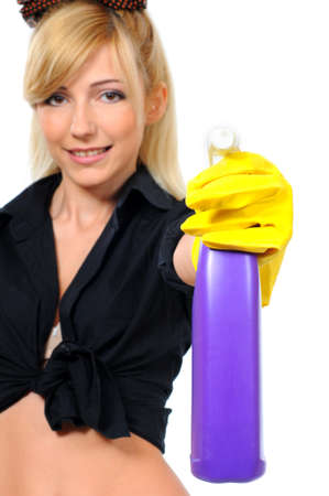 Cleaning woman ready for spring cleaning smiling with rubber gloves and cleaning products  isolated on white background の写真素材