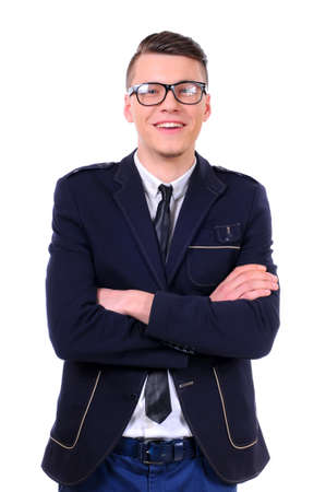 Young handsome man in black suit and glasses smiling isolated on white backgroundの写真素材