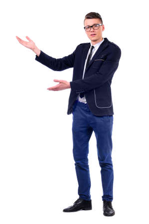 successful business man presenting over white backgroundの写真素材