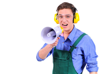 Construction worker shouting into megaphone