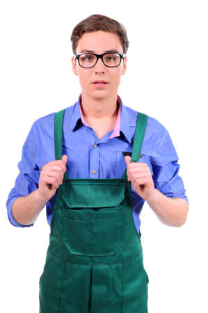 Portrait of happy mechanic  Isolated on whiteの写真素材