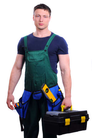 The builder on the isolated white backgroundの写真素材