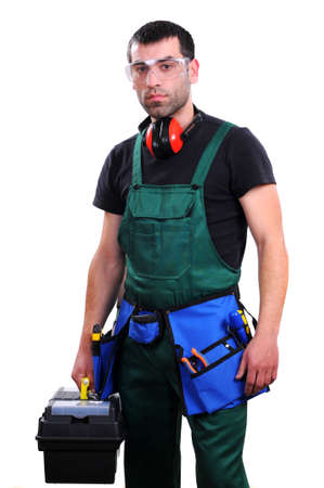 young manual worker with tool box isolated on white backgroundの写真素材