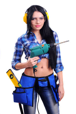 Young Woman Construction with Drill  Isolated on Whiteの写真素材