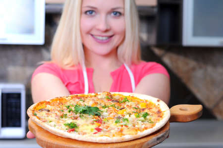 woman with pizzaの写真素材
