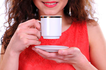woman coffee cup isolated on whiteの写真素材
