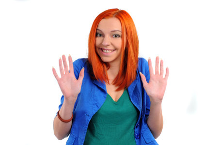 Beautiful casual young woman isolated white backgroundの写真素材