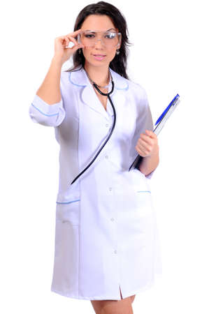 Woman in medical doctor uniform holding clipboardの写真素材