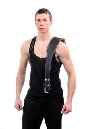 handsome young muscular sports man on white backgroundの写真素材