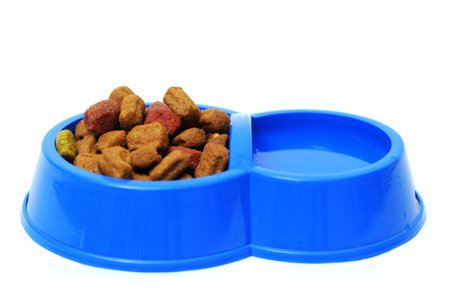 dry dog food and water in blue bowl isolated on white
