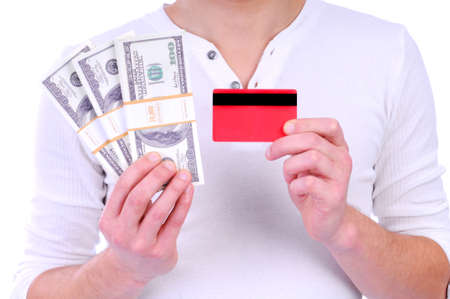 man holding a money and credit cardの写真素材