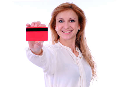woman holding credit card in handの写真素材
