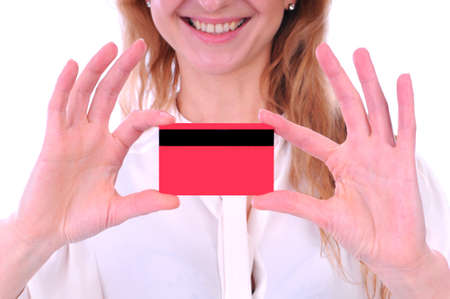 woman holding credit card in handの写真素材