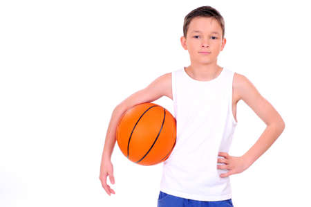 child with basketball, isolated on white backgroundの写真素材