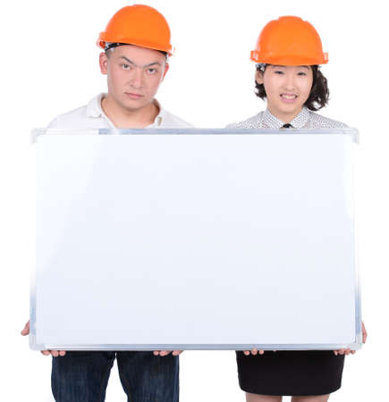 Portrait of male and female engineers Asians. Isolated on white backgroundの写真素材