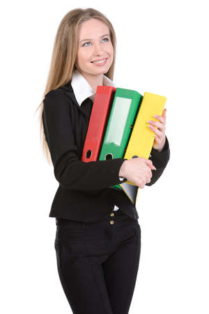 Portrait of smiling business woman with paper folder, isolated on white backgroundの写真素材