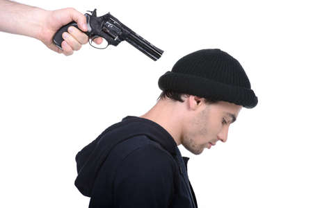 Offender under threat of death, asking to be saved. Isolated on white backgroundの写真素材