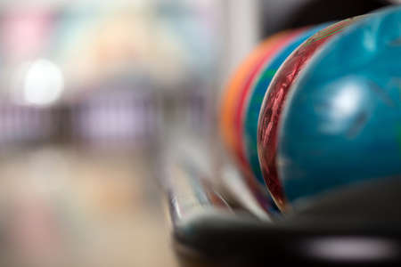 Close-up a group of colored bowling balls in the club.の写真素材