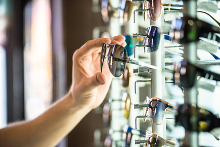 Young man (only hands) at optician with glasses is looking for sunglasses.の写真素材
