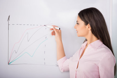 Young attractive woman drawing business strategy on flip chart.の写真素材