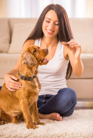 Happy woman is playing with a dog and feeding him sitting on the floor at home.の写真素材