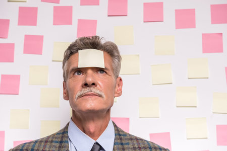 Senior man is standing in front of a board with stickers.の写真素材