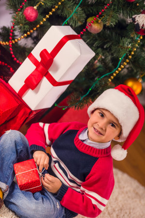 Little happy boy while celebrating Christmas at home