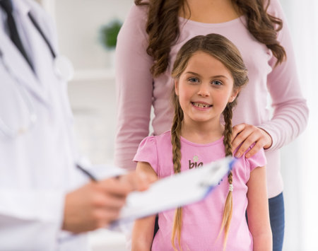 Mother and child on a review of a young doctor pediatrician