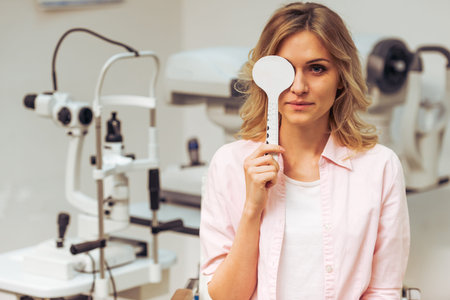 Young beautiful woman at the ophthalmologist on consultation, covering one eye and checking her...