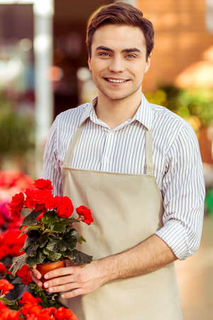 Handsome young man in apron is holding a plant, looking at camera and smiling while standing in orangeryの写真素材