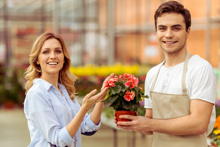 Handsome young man in apron is looking at camera and smiling while offering plants to woman in orangeryの写真素材