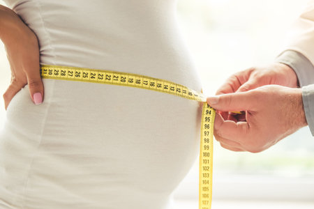 Cropped image of beautiful pregnant young woman and a doctor is measuring her tummyの写真素材