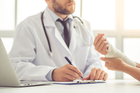 Cropped image of handsome medical doctor listening to female patient with damaged hand and making notes while working in his officeの写真素材