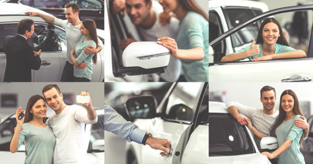 Collage of beautiful young couple choosing a car to buy