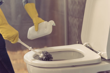 Cropped image of beautiful young woman using a toilet brush and a detergent while cleaning toilet in...
