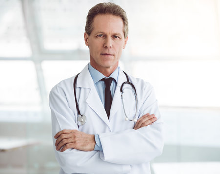 Handsome mature doctor is looking at camera while standing with folded armsの写真素材