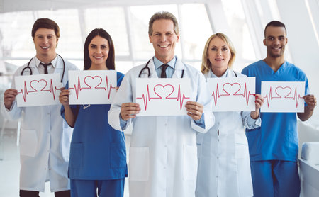 Successful team of medical doctors are holding heart rate graphs, looking at camera and smiling...